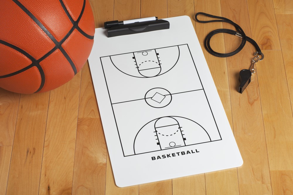 Basketball, clipboard, coach's whistle